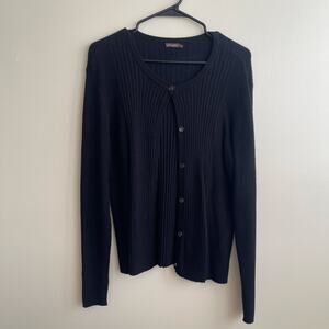 J.McLaughlin Large Black Ribbed Knit Scoop Neck Button Front Cardigan Sweater